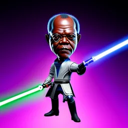 Bald Samuel jackson purpleGlow jedi bobblehead holding a lightsaber sword and boots, deathstar