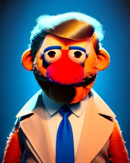 Waist up Portrait, Donald trump muppet, Sesame Street style, retro style, photo studio, soft color, blue background, unreal engine 5, god lights, ray tracing, RTX, lumen lighting, ultra detail, volumetric lighting, 3d.