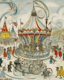 A light gray Russian like carnival with mechanical rides painted by Edvard Munch