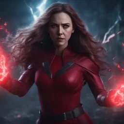 wanda maximoff com olhos vermelhos de magia, destruindo tudo, mulher ameaçadora, terror, 4k render, cores escuras, cinematográfico