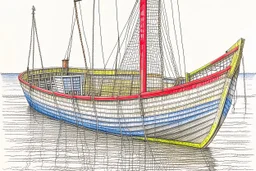 Drawing of a fishersboat, high detail, realistic, pencil drawing, colorfull, small boat, row boat, fishing, fisherman, fishing net.