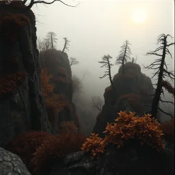 Close-up Ilford photograph of a creepy surreal landscape, from a rocky spur, eerie, no style, steep, autumn vegetation, very surreal, trees, spooky, metaphysical objects, giant sun, intricate, thoughtful, appalling, deep 3d field, 8k, hypermaximalist, lot of fog