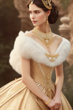 beautiful and gorgerous duchess with incredible jewellery in 19th century clothing by Greg Rutkowski and Artgerm and Emile Vernon and Vladimir Volegov, in a brown dress, mystical castle background, art illustration, natural beauty, muted colors, pastels, perfect fingers, higly detailed, expressive, high detail, symmetrical, digital painting, symmetrical eyes, dynamic lighting, artstation, cinematic lighting, intricate artwork, emitting diodes, smoke, artillery, sparks, racks, system unit, mother