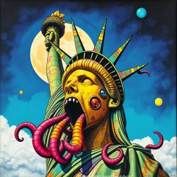 bright colorful graffiti CORRUPTED JUSTICE, nihilistic, eschatological corrupted sinister statue of liberty gaping maw biomechanical tentacles, by Os Gemeos and seth Globepainter