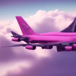 a pink Boeing 747 flying through clouds