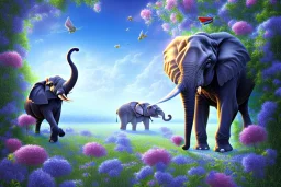 large flowers and elephant and blue sky