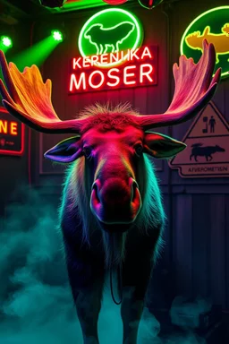 An big female moose with big eyes "Veronika Moser" performing at dance club, her name is "Moser" HAIRY FRUITS EVERYWERE On stage, Green Neon lights and smog, and "VERONIKA MOSER" big sign on the wall, "DU UND ICH UND MOSER" red plate sign, Swedish Yellow warning sign with moose