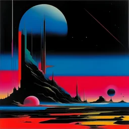 by Peter Shire, by Gerald Scarfe, by Norman Bel Geddes, silkscreened mind-bending illustration; Astronomy Domime …! …! fearless, dark shines war, heavy dreamy colors, Pink Floyd aesthetics, smooth sci-fi abstractions, modern art album cover, asymmetric, unbalanced, separate landscape