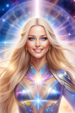 cosmic woman smile,beautiful ufos rainbow, admiral from the future, galactic confédération, fine whole face, crystalline skin, expressive blue eyes,rainbow, smiling lips, very nice smile, costume pleiadian, Beautiful tall woman pleiadian Galactic commander, ship, perfect datailed golden galactic suit, high rank, long blond hair, hand whit five perfect detailed finger, amazing big blue eyes, smilling mouth, high drfinition lips, cosmic happiness, bright colors, blue, pink, gold, jewels, realist,