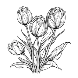 Tulip buds, Tulip flowers, delicate bouquet of flowers, white background, 2D, linear, black line, coloring page