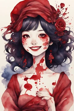 body anormal, smile, blood, girl cute, watercolor illustration by <Katsushika Hokusai>, darkred tones,