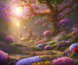 mondo fairy,paesaggio da favola notturno con fiori fluoriscenti, alberi magici,fiori colorati luminosi.