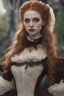 vampire Alexandra "Sasha" Aleksejevna Luss render eye candy style Artgerm Tim Burton in a park in Paris, subject is a beautiful long ginger hair vampire with fangs biting a female's neck, romantic, close faces, bite, feed, victorian dress, victorian background style of in the Paris, 70mm, high detail, hyper detailed, photographic detail, UHD, unreal engine 5, headshot render, octane render, bokeh,eye candy oil paiting In depth psychology display