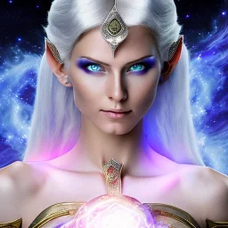 cosmic mage, elf, female, battle mage, epic, cosmic magic, long ears, white hair, face details, pale skin, jewellery, broad shoulders, glowing eyes, sharp ears, cosmic clothes, bright eyes, cosmic eyes, ears shown, light out of eyes, the cosmos in eyes, stars in eyes, shining eyes, small jaw, non human face