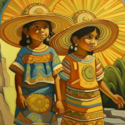 2 mexican childeren painting neoclassism whole body zoom the sun