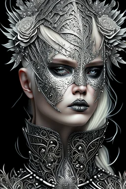 Beautiful faced young blond winter queen woman, wearing silver goth punk metallic filigree floral face masque, adorned with goth punk silver metallic diadem headress, wearing steampunk style leather jacket dress ribbed with silver floral metallic filigree embossed pattern, organic bio spinal ribbed detail of goth punk backround extremely detailed maximalist hyperrealistic concept art