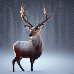 the most stunning, beautiful portrait of a stag in a winter landscape, high-quality, ultrafine-detail, flickering light, fog, 8k resolution, 3d octane render, digital art, detailed matte, close up, George Grie, Anne Dittman, Anne Stokes, Lisa Parker, Selina French