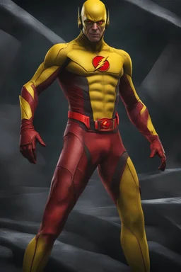 the Reverse Flash with yellow Flash suit, red boots, red belt, red wrist gauntlets, reversed red and black chest logo, extremely exaggerated muscular stature, posing for the cameras, Professional Quality 35mm Photograph, 4k UHD, hyper-realistic, Photorealistic, extremely detailed, High resolution