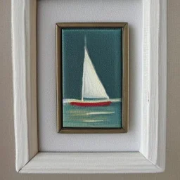 tiny oil painting of tiny sailboat, tiny white canvas, tiny white frame, melancholy, tender, moody, vintage, delicate arrangement, beautiful composition, etsy, aesthetic layout, plain solid white background