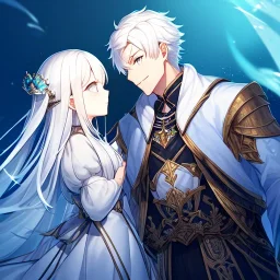 Twins, boy and girl, white hair, silver eyes, royal hall background