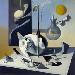 Abstract painting formed by a mix of human flesh-like surgical instruments and universe-like neuralink, a cat looking at a pigeon inside a huge bulb between light and shadow at dusk,surrealism,minimalism,Painting By Adrian Ghenie, Rene Magritte, Salvador Dali, Lucian Freud