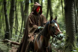 hooded monk on horseback in the forest