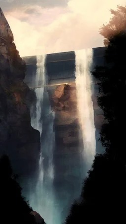 building with waterfall and rocks with people