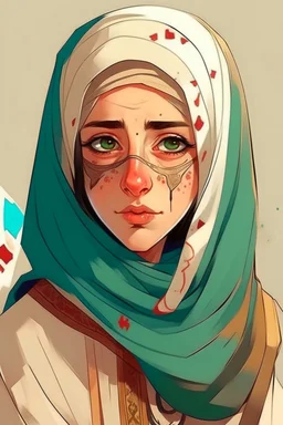 "Draw an Arab character, a girl wearing traditional Arab clothing, with an injured eye and another eye covered with a piece of cloth, indicating her royal lineage.