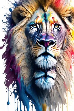 "lion", clean design, art station, splash of colorful paint, contour, ((solid white background)), looking into camera, hyperdetailed intricately detailed, unreal engine, fantastical, cinema lighting, intricate detail, splash screen, complementary colors, fantasy concept art, 8k resolution, DeviantArt masterpiece, watercolor, paint dripping