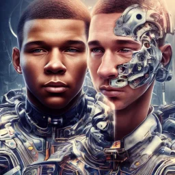 kylian mbappe and lionel messi perfect face and portrait post-apocalypse perfect cyborgs in a cyberpunk city, sci-fi fantasy style, 8k,dark