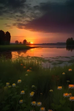 Suasana senja di danau yang dipenuhi bunga dan rumput dengan sunset yang indah