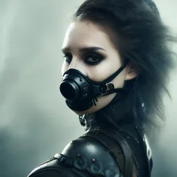 portrait of beautiful woman wearing ultra cyberpunk dystopian fashion, breathing mask, leather, tattered skirt, tubes and wires, stunning, mist and fog, 8k, high-quality, ultra-fine detail, Brian Froud, Howard Lyon, Anna Dittman, Anne Stokes, Selina French, Greg Rutowski