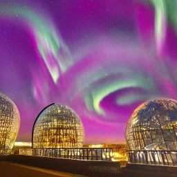 cité cosmique, dômes en verre, aurore boréale