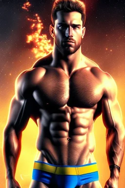 Ignore NSFW, teenager young rugged attractive slightly muscular fantastic handsome man, red briefs with yellow belt, hairy chest, (((visibly pisssing))) briefs, large erect visible boner peniss, photorealistic, artist Jay Anacleto, soft lighting, scruffy beard