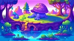 Fantasy cartoon illustration: Near a pond there is a cute purple turtle's house.