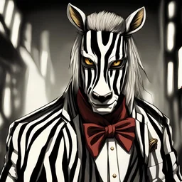 portrait of my imaginary character named Sr. Zebra a.k.a. Yusuf Ameer, ‘Aeera’s evil eldest brother. Sr. Zebra is a supervillain and criminal, and works for the mafia, wears a killer bloody zebra mask and striped black and white and golden suit