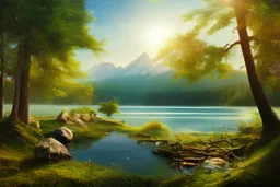 lake beach, forest, mountains, summer sunshine