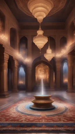 Hyper realistic detailed inside historical indian castle with chandeliers & ceiling paintings & glass work on pillars with beautiful carpet & water fountain at night