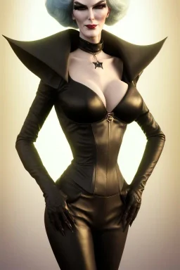 Carmen Dell`orifice as evil queen in black leather, leather, busty, cleavage, angry, stern look. character design by cory loftis, fenghua zhong, ryohei hase, ismail inceoglu and ruan jia. unreal engine 5, artistic lighting, highly detailed, photorealistic, fantasy