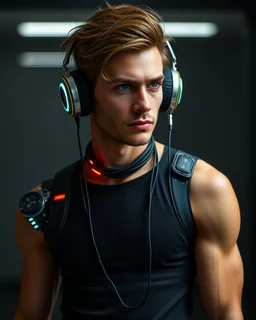 Realistic Photography full body image Handsome man super model brown hair science fiction style humanoid half with full body cyborg mechanicals and cybernetics lights wearing headphones,she on standing cool pose