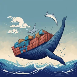 A whale carrying shipping containers on its back ,in the ocean. Digital Art, Digital Drawing