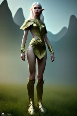 elven young woman, wearing light dress, visible cute femine face, visible and armonious legs and feet, luminous weather, field in the mountains, realistic 3d render, mortal kombat style, unreal engine