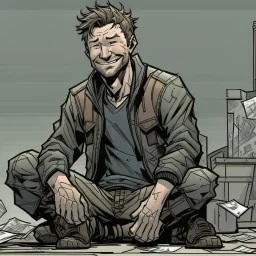 man, ethan hawk, sitting, smiling, comic book, post-apocalypse, grey background, illustration,