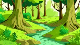 Cartoon style Forest with trees, creek a little bit on the left