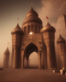 An old Arab city with a big gothic_arab gate in a sandstorm. Cinematic lighting