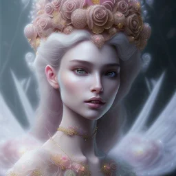 crystal rose beautiful girl smile,utra realistic,highly detailed, gold, pink, jewels, lace, masterpiece, delicate detailed, sharp focus, insanely detailed, fantasy art, intricate detailed, elegant, fog, Special Lighting, Vibrant, color Scheme, forest, unreal engine 5, trending on artstation