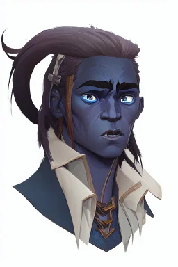 A tieffelin with blue skin and white Dreadlock hair. His pupil-less eyes are green. He wears a small beard.