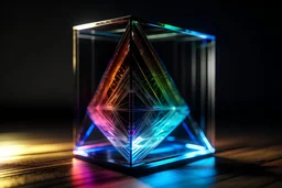 offset press print of a holographic cube with thick outline that glows with a big triangle with small triangle in infinity, high resolution