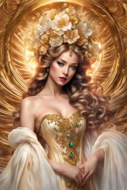 Photography Angel wearing a magical gown of swirly flowing marble water gold filigree curlicues, flowering flowers, bloom, sparkle, ornamental gilt, diamonds, rubies, emeralds, sapphires, beautiful, delicate, intricate, elegant, graceful, shiny, Hyperrealism, Rococo, expressive, spherical, zoom out, volumetric lighting