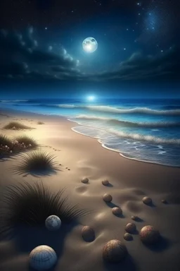 magic sea, beach with sand, shells, realistic, professional photo, 4k, top view, cosmic sky, stars, full moon, milki way